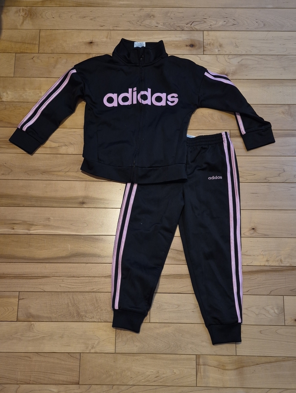 Girls Size 5 adidas Black Jacket & Joggers with Pink Stripes